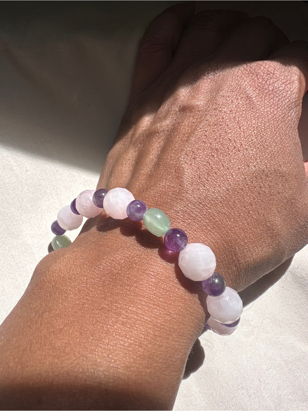 Faceted Rose Quartz, Amethyst & Green Aventurine Beaded Bracelet - Unbranded